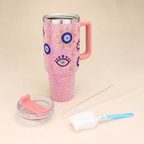 NEW Evil Eye Pink or Blue 40oz Stainless Steel Rhinestone Tumbler Straw Lid SET - Picture 4 of 7